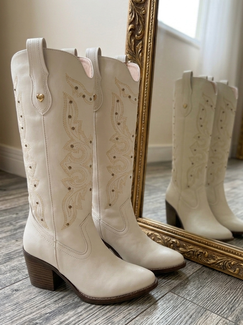 706A Bota Vaquera con detalle de Estoperoles tubo delgado Tacon 7 cm