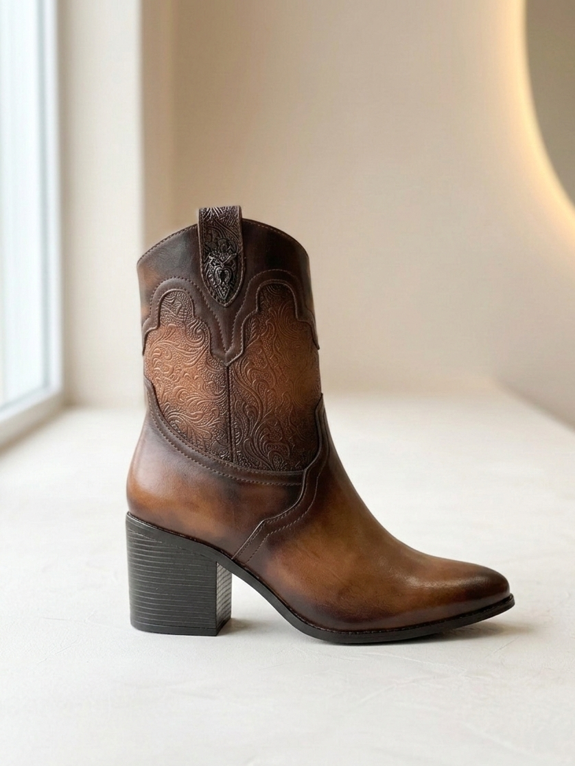 LBotin vaquero con detalle grabado tacón de 7 cm