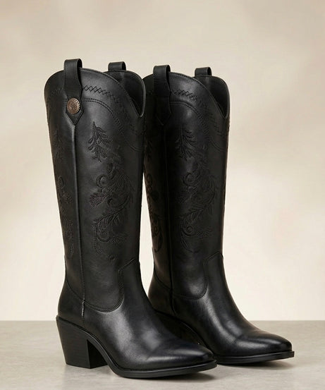 1033A bota de tubo alto, bordada con flores tacón, 6 cm ￼