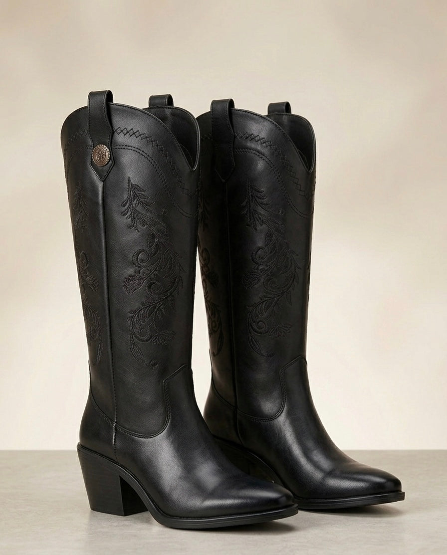 1033A bota de tubo alto, bordada con flores tacón, 6 cm ￼