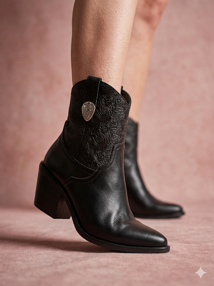 LBotin vaquero con detalle grabado tacón de 7 cm