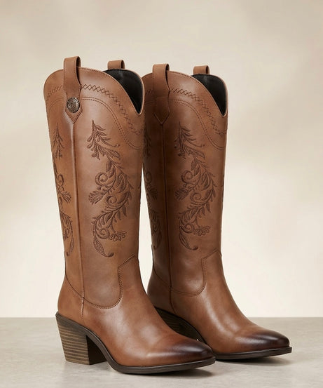 1033A bota de tubo alto, bordada con flores tacón, 6 cm ￼