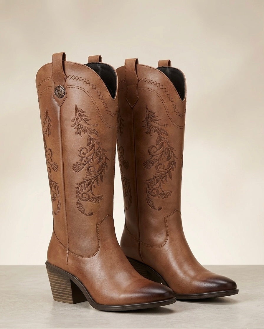 1033A bota de tubo alto, bordada con flores tacón, 6 cm ￼