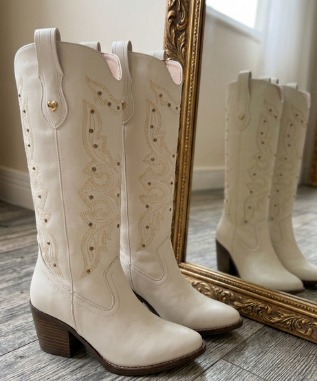 706A Bota Vaquera con detalle de Estoperoles tubo delgado Tacon 7 cm